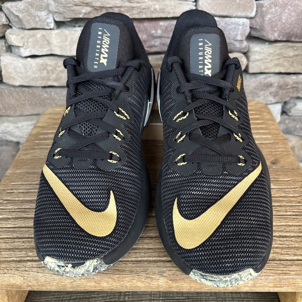 BOYS NIKE AIR MAX INFURIATE 2 BLACK METALLIC GOLD ANTHRACITE BASKETBALL SHOES 5Y